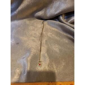 Gold Heart With Flower And Red Gem Necklace ESTATE FIND